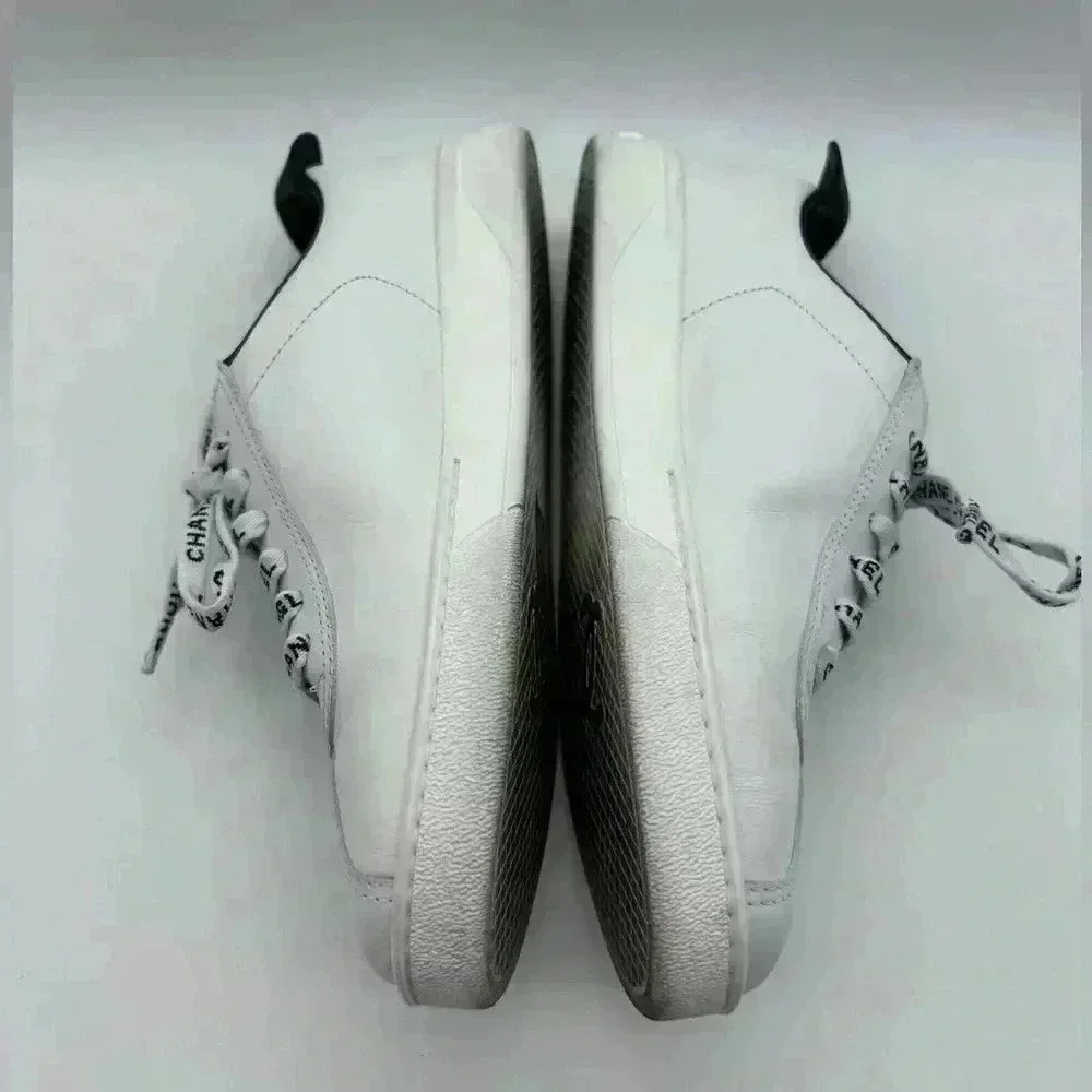 Chanel White Leather Casual Sneakers: Women's Size 36.5 Logo Laces CC